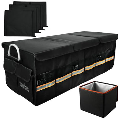 Car Trunk Organizer with Cooler Bag, 90L Portable Trunk Cargo Organizer for SUV Truck Sedan, 3 Compartments Collapsible Car Storage Box with Lid, 4 Removable Dividers