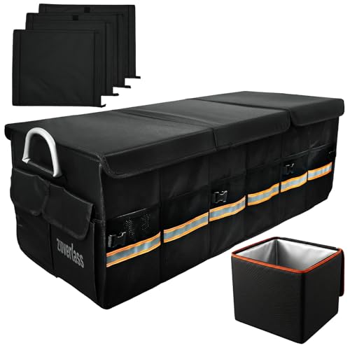 Car Trunk Organizer with Cooler Bag, 90L Portable Trunk Cargo Organizer for SUV Truck Sedan, 3 Compartments Collapsible Car Storage Box with Lid, 4 Removable Dividers
