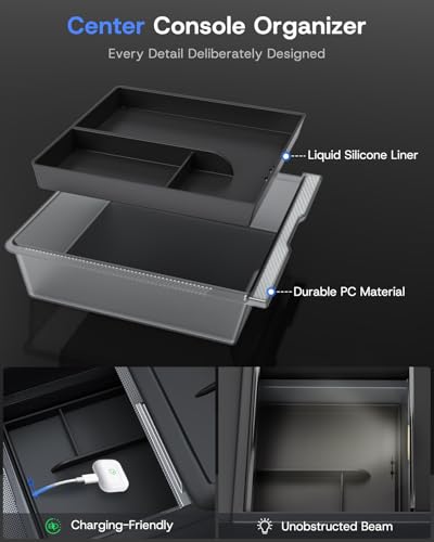 Center Console Organizer Tray for 2025 2026 Tesla Model Y Juniper (Premium & Performance) & All Model 3 Highland, Durable PC +Silent Silicone Liner Armrest Storage Box Wireless Charging Pad 4PCS - size: Model Y Juniper & Model 3 Highland