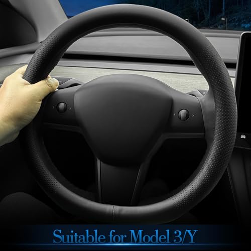 LKWLIKEI Nappa Leather Ultra-Thin Steering Wheel Cover, for Tesla Model 3/Y Steering Wheel Cover, Non-Slip Design and Interior Modification of car Accessories (Black) - color: Black2