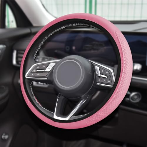 Car Steering Wheel Cover, Universal 14.5-15 Inch Pink Leather Steering Wheel Wrap with Better Sport Grip for Men Women, Anti-Slip Breathable Car Interior Accessories for Most Vehicles (Pink2) - color: Pink2