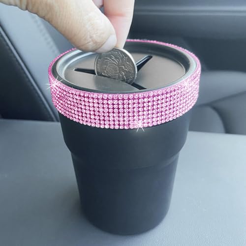 INSTOME Bling Car Trash Can with Lid，Bling Car Change Holder with Lid,Mini Trash Can Cup Holder in Console Pocket Dustbin Cans Portable for Car, Home, Office (Pink) - color: pink