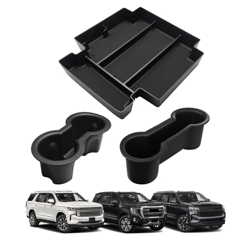 Muslogy Center Console Organizer & Cup Holder Inserts Compatible with 2021-2025 2026 GMC Yukon Chevy Tahoe Suburban Accessories Front & Rear Drink Holder & Armrest Storage Box(Power Sliding Console) - color: Black, size: 21-24 Cup Holder Inserts&Power Sli