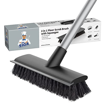 MR.SIGA Floor Scrub Brush with Long Handle, 2 in 1 Scrubber and Squeegee for Cleaning Bathroom, Patio, Garage, Wall, Tile with Stiff Bristles