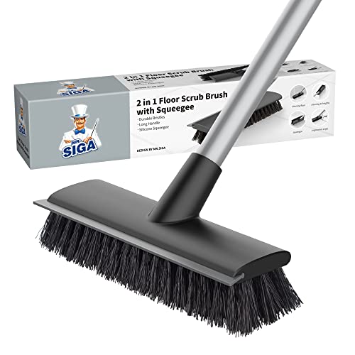 MR.SIGA Floor Scrub Brush with Long Handle, 2 in 1 Scrubber and Squeegee for Cleaning Bathroom, Patio, Garage, Wall, Tile with Stiff Bristles