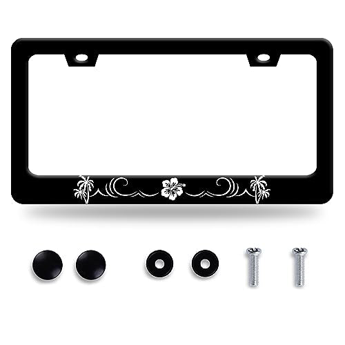 Hibiscus Flower Waves License Plate Frame Hawaiian Palm Tree License Plate Stainless Steel Auto Parts License Plate Decorative with Screws Size 12.3" x 6.3" - color: Hibiscus flower waves palm tree