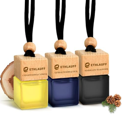 Car Air Freshener Hanging, 3 Pcs Teakwood Mahogany, Sandalwood & Oud, Cedarwood & Cypress, Wooden Scent Air Fresheners Diffuser for Car, 45+ days Long Lasting Fragrance, 0.27 FL OZ/8ML