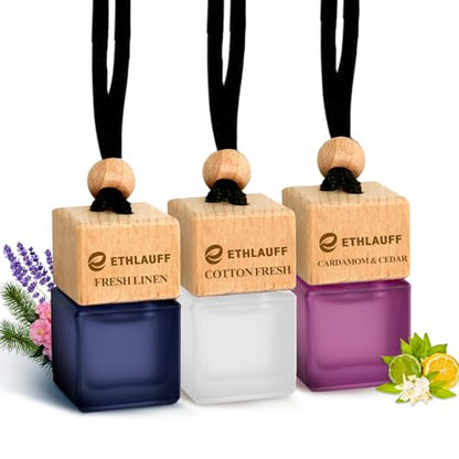 Car Air Freshener Hanging, 3 Pcs Cotton Fresh, Fresh Linen, Cardamom & Cedar, Car Scent Air Fresheners Diffuser for Car, 45+ days Long Lasting Fragrance, 0.27 FL OZ/8ML