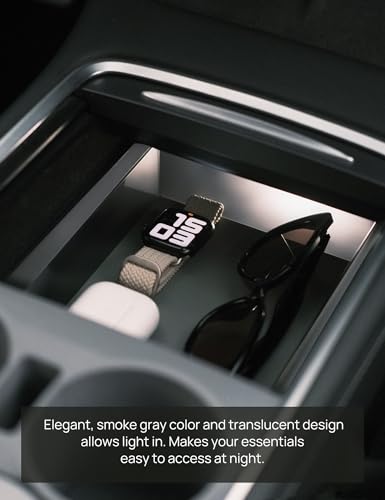 TPARTS Center Console Storage Drawer with Silicone Layer for Tesla Model Y (2021-2024) & Model 3 (2021-2023) Accessories Interior, Translucent Smoke Gray Organizer Tray, Maximize Storage Space