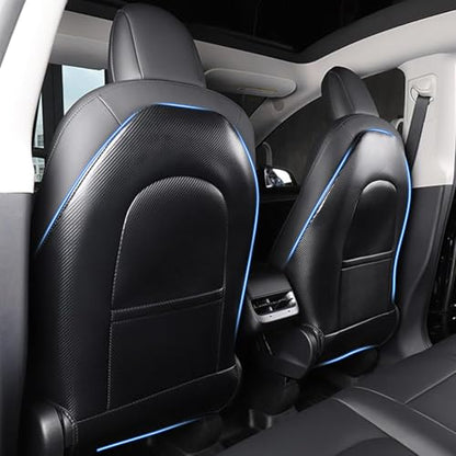 TOPABYTE Seat Back Kick Protector for Tesla Model Y Model 3 Model S Model X Leather Backseat Mats for Kids Wear-Resistant Back Seat Cover with Extra Organizer Pocket 2 PCS -Carbon Fiber