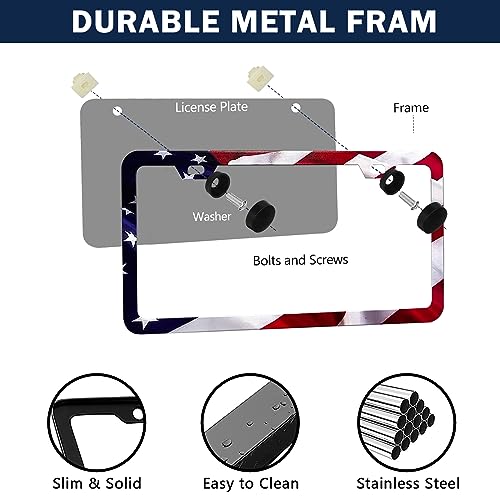 LIN KANG Patriotic American Flag License Plate Frame Holder - 2 Pack Universal Aluminum Matte Stripe US Flag Gloss Car Plate Frame Covers with 2 Holes and Screws Fasteners Caps - color: Matte American flag Narrow side E
