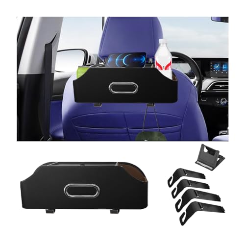 AUCELI Car Seat Back Organizer with Cup Holder and Tissue Box, Headrest Hanging Storage Box with Hooks and Phone Holder, Multi-Function Travel Tray for Kids, Road Trip Car Accessories - color: Black