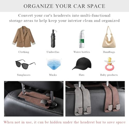 2 PCS Car Seat Headrest Hook, Back Seat Hanger with Double Flexible Leather Hooks, Soft Leather Double Headrest Metal Hooks Purse Handbag Organizer, Car Accessories (Gray) - color: Gray