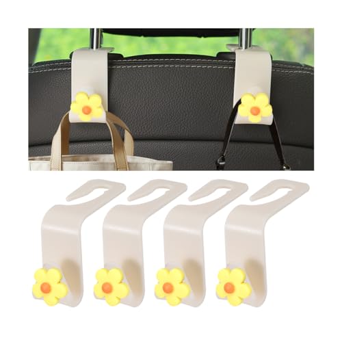 4 PCS Car Headrest Hook, Multifunctional Flower Vehicle Seat Back Storage Hook, Cute Automotive Seatback Organizer Hanger for Purse Grocery Bag Handbag, Universal Fit (Beige/Yellow) - color: Beige/Yellow