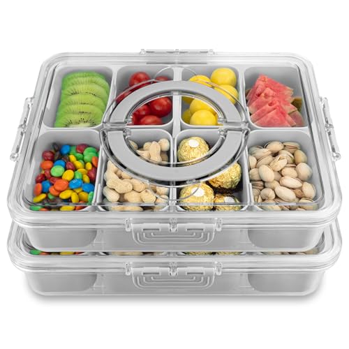 Divided Serving Tray with Lid and Handle,8 Compartments Snacks Box,Snack Fruit and Veggie Tray,Portable Platter for Candy Fruits Nuts Snack Party Entertaining Picnic (2 PCS Grey) - color: 2pcs-serving-tray-grey