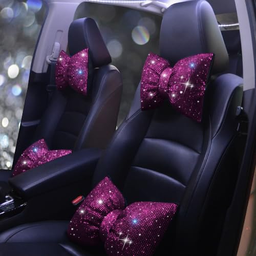 Crystal Seat Head-Rest Pillow Bow Tie Car Neck Headrest Cushion Bling Bling Rhinestones Diamond for Car Girls and Women Neck Support Interior Bling Accessories Purple 2Pcs - color: Purple