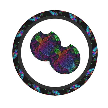 Sea Turtle Steering Wheel Cover with 2 Car Coasters Non Slip Neoprene for Women Men Universal 15 Inch - color: Sea Turtle