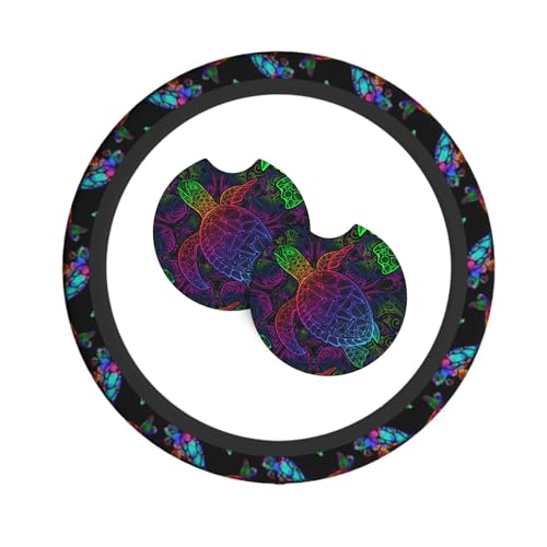 Sea Turtle Steering Wheel Cover with 2 Car Coasters Non Slip Neoprene for Women Men Universal 15 Inch - color: Sea Turtle