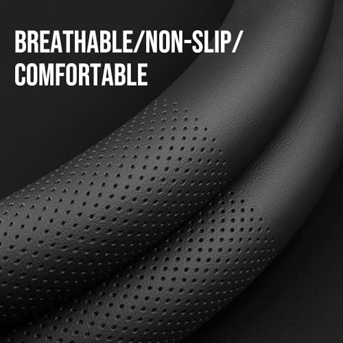 Carodi Leather car Steering Wheel Cover, Ultra-Thin, Comfortable, Non-Slip, Breathable, Universal 15 inches (Black) - color: Black-A