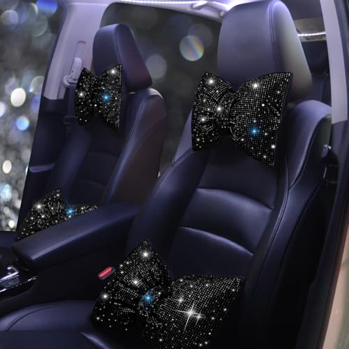 Car Headrest Pillow Bowknot Neck Support Pillow for Driver with Bow Tie Bling Diamond Head Neck Support Rhinestone Accessories for Girls and Women Black 2Pcs - color: Black