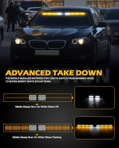 HLauto 604N Emergency Dash Strobe Lights: 2x16.8 inch Amber Security Light w/Take Down, 48 LED Safety Flashing Warning Hazard Interior Windshield Visor Light Bar for Trucks Vehicles - color: #02 Amber