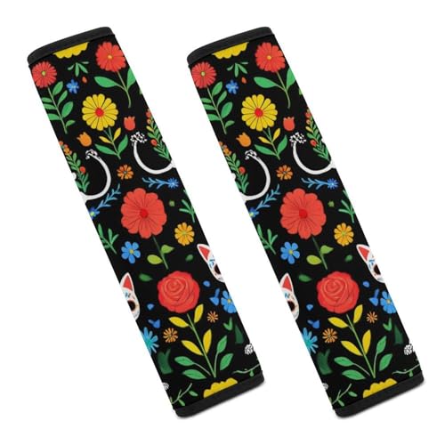Fashion Auto Seat Belt Car Decor Cushion Strap Helps Protect Your Shoulders Day of The Dead Black Cat Rose Sugar Skull Skeleton - color: Color844