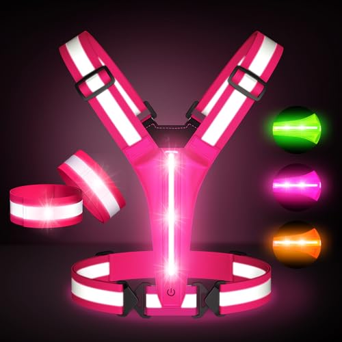 Led Light Up Running Vest Reflective Vest for runners night walking, Rechargeable Reflective Running Vest High Visibility - color: Pink