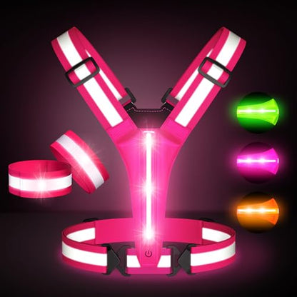 Led Light Up Running Vest Reflective Vest for runners night walking, Rechargeable Reflective Running Vest High Visibility - color: Pink