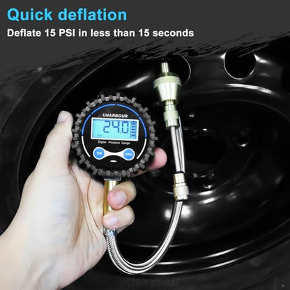 4X4 Rapid Air Down Tire Deflator with Digital Gauge (0-100PSI) ， 2.5" Easy Read Glow Dial & Solid Brass Hardware-Automatic Tire Air Down Tool for Jeep, Truck or ATV