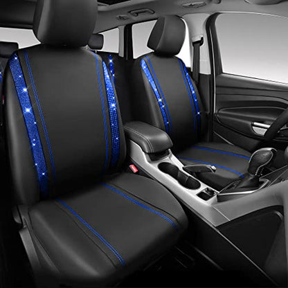 CAR PASS Bling Diamond Car Seat Covers Full Set, Shining Rhinestone Waterproof Faux Leather, Rear with Zipper, Universal Fit Automotive Glitter Crystal Sparkle Strips for Cute Women Girl, Blue - color: Blue Diamond, size: Full Set