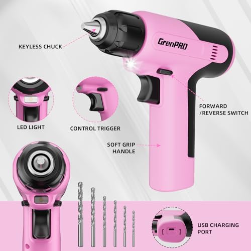 GRENPRO Pink Tool Set Drill Set, 188PCS Tool Kit For Home with Pink Cordless Drill Power, Hand Tool Kit for Women, Basic Household Auto Car Repair Tool Box for Men, Portable Storage Box Tools Sets - style: Pink Power Drill Set 188PC