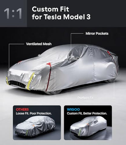 Wigoo Tesla Model 3 Car Cover Accessories (2017–2026), Custom Fit All-Weather Outdoor, Waterproof UV Sun & Heat Protection, Ventilated Design, Windproof, Smooth Paint-Safe Lining, Charging Port Zipper - size: For Tesla Model 3 (2017-2026)