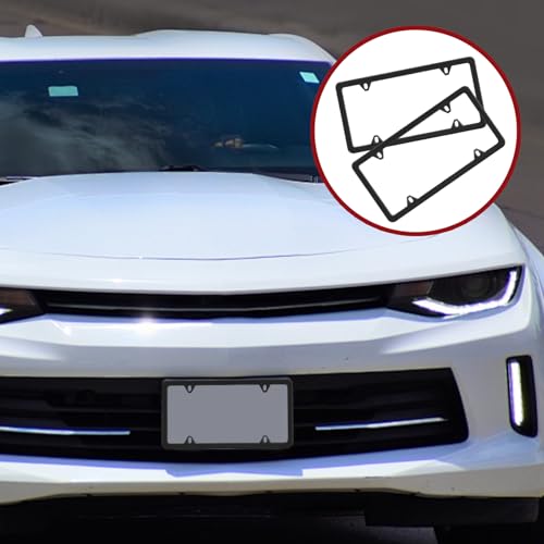 Automotive Universal 2 Pack License Plate Frames Stainless Steel License Plate Holder Covers with Screws Caps Washers Universal 4 Hole Compatible with Car Truck Exterior Accessories, Black - color: Black
