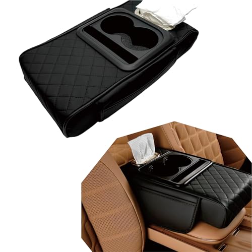 Car Center Console Cover, 5-in-1 Thickened Armrest Protector Pad, Leather Center Armrest Protector with Storage Compartment, Universal for Most Cars (Black) - color: Black