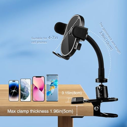 ROCKFREE Clip Phone Holder with 360° Gooseneck Arm & Auto-Locking Clamp,Short/Medium/Long Arm Options for Desk, Mic Stand, Table,Treadmill – Fits 4-7" Smartphones(Short-3.9 inch Arm) - size: Short-3.9 inch Arm