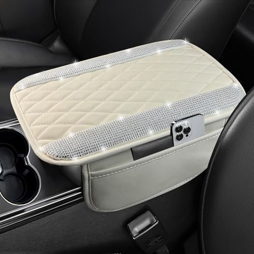 NBTEPEM Bling White Car Center Console Cover, Leather Car Arm Rest Cover with 2 Storage Bags, Universal Auto Armrest Protector Storage Box, Bling Accessories Interior for Most Vehicles - color: White Leather Diamond