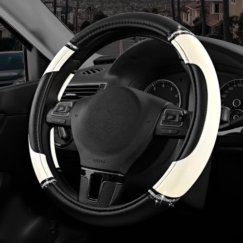 Road Comforts Leather Steering Wheel Cover - Made with PVC Leather - Anti-Slip, Universal Fit 14 1/2 inches to 15 inches - White - color: White