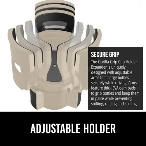 GORILLA GRIP Patent Pending Adjustable Car Cup Holder Expander, Keeps Water Bottle Secure, Expands to Fit 18 to 48 oz Large Bottles, Yeti, Owala, Stanley with Handle, Coffee Mug Insert for Cars, Tan - color: Tan