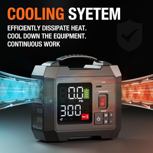 Portable Heavy-Duty Tire Inflator for Pickup Truck,RV, 300PSI Air Compressor, 9X Faster Inflator with 3.7 inch Digital Gauge. 5 Safety Protections and Cooling System for Truck, SUV, Compact Cars