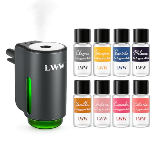 LWW Smart Car Air Freshener - 3 Levels Strength with Ventilation Clip, Rechargeable Car Fragrance Atomizer - with 8 10ml Bottles of Fragrance, Long Lasting Oil Diffuser (Gray) - color: Grey