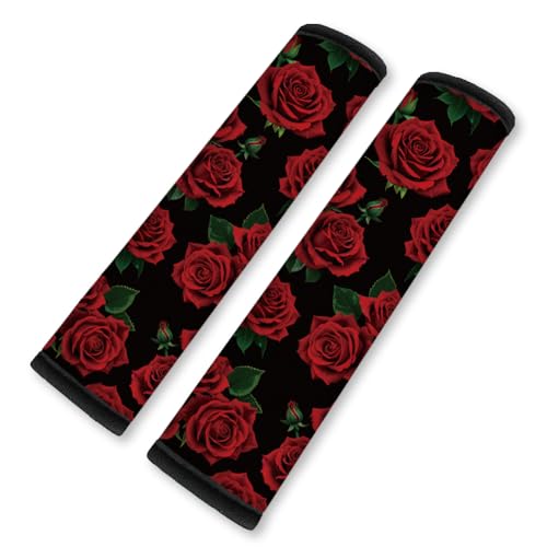 2Pcs Soft Auto Seat Belt Cover Pad Red Roses Flower Colorful Car Seatbelt Shoulder Cushion for Comfortable Driving, Compatible with All Cars' Seatbelt and Backpack Straps - color: Roses