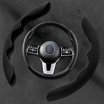New Fluffy Anti-Skid Steering Wheel Cover Segmented Protector Safe and Non Slip Car Accessory and Durable Easy to Install for Steering Wheels of Universal Fit 99% Car (Suede Material Black) - color: Suede material Black