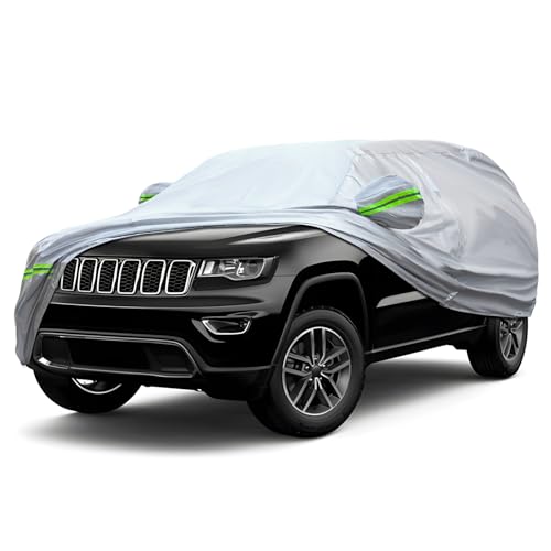 KEYOOG 6-Layer Full Car Cover is All-Weather Waterproof, Universal in All Seasons, Snow Prevention, Rainproof, Acid Rainproof, Sunscreen, Ultraviolet-Proof, Applicable to SUV and MPV (191"-200") - color: Green reflective strip, size: 13/ S-L For SUVs-Leng