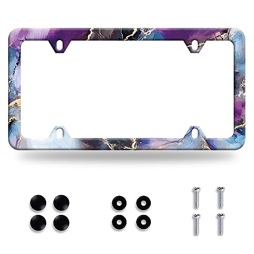 Blue Purple Marble Print License Plate Frame Gold Marble License Plate Colorful Stainless Steel Funny Auto Parts Beautiful License Plate Decoration Holes Screws Size 12.3" x 6.3" - color: Blue Purple Marble Print