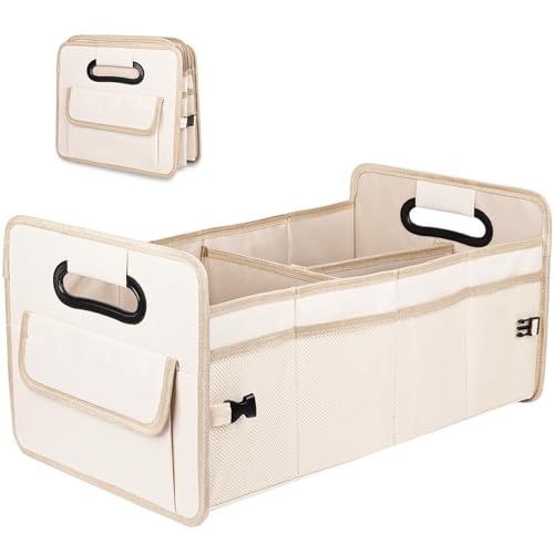 JiatuA Car Trunk Organizer, Car Organizers and Storage Collapsible Multi Compartment Container Box, Adjustable Car Accessories for SUV Sedan Truck, Large Size, Beige - color: Beige, size: Large