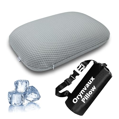 Cooling Camping Pillow, Memory Foam Travel Pillow with Adjustable Buckle Strap & Storage Bag, Compact Small Pillow for Airplane, Car Lumbar, Office, Washable Cooling Cover, Quarry Grey - color: Quarry Grey, size: S-14.9*10.2*3.6in
