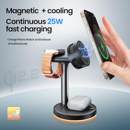 Qi2.2 Certified 25W Semiconductor Cooler Wireless Charger, 3 in 1 Charging Station with ice Block Silent Cooling Fan, Compatible with iPhone 17/16/15/14/13/12, Apple Watch, AirPods (Black) - color: black