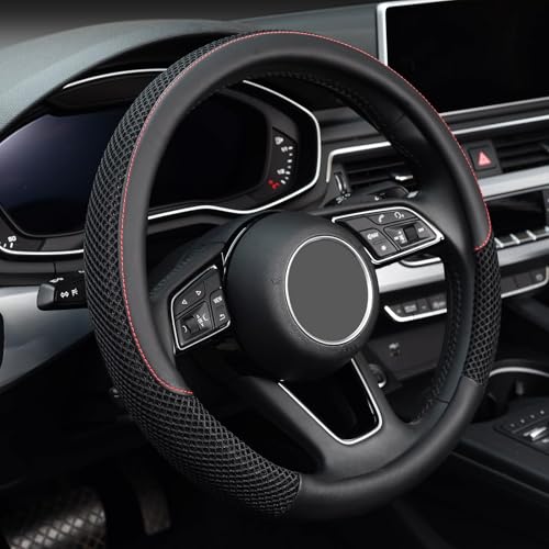 KAFEEK 15 inch Steering Wheel Cover, Cooling Ice Silk Mesh with Microfiber Leather, Ultra Breathable, Anti Slip Car Grip, Heat Resistant Summer Cool, Universal Fit, Black - color: black, size: Standard Size[14.5"-15"]