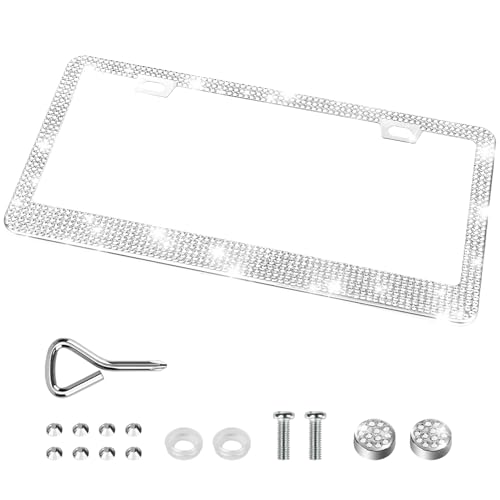 QUANQIUFEI 1 Pack Bling License Plate Frames, Sparkly Rhinestone Diamond Car License Plate Cover for Women, Stainless Steel Car Accessories with Glitter Crystal Caps (1 Pack White) - color: 1 Pack White