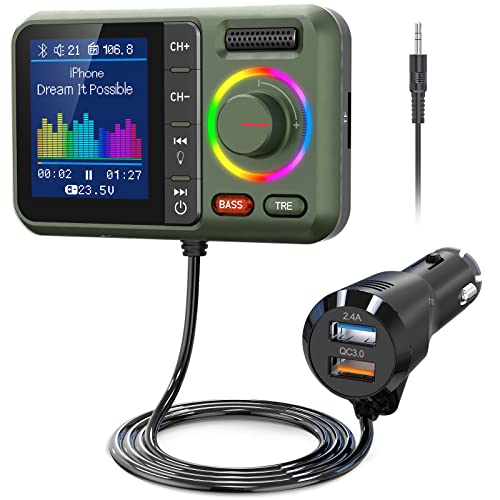 Nulaxy Bluetooth FM Transmitter for Car, Wireless Car Bluetooth Adapter with Big Color Screen, Support QC3.0 Fast Charging, Hands-Free Call, MP3 Music Player BASS&TRE Booster, TF Card AUX-KM28 Green - color: Green